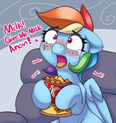 Size: 2686x2863 | Tagged: safe, artist:pabbley, character:rainbow dash, species:pegasus, species:pony, adorable distress, blushing, chips, crying, cute, dialogue, female, food, implied anon, open mouth, solo, spicy, tears of pain, tongue out