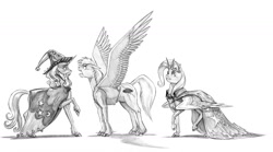 Size: 1600x892 | Tagged: safe, artist:baron engel, character:star swirl the bearded, character:trixie, oc, oc:mark wells, species:alicorn, species:pegasus, species:pony, species:unicorn, fanfic:off the mark, alicornified, colored hooves, fanfic art, grayscale, markxie, monochrome, pencil drawing, race swap, simple background, traditional art, trixiecorn, white background
