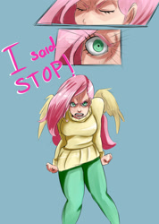 Size: 1300x1823 | Tagged: safe, artist:sundown, character:fluttershy, species:human, angry, breasts, busty fluttershy, female, flutterbadass, humanized, solo, the stare
