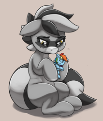 Size: 2786x3265 | Tagged: safe, artist:pabbley, character:rainbow dash, oc, oc only, oc:bandy cyoot, species:pony, ..., eye shimmer, female, floppy ears, holding, looking down, plushie, raccoon pony, sad, series finale blues, sitting, solo, teary eyes