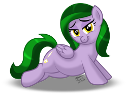 Size: 1032x774 | Tagged: safe, artist:aleximusprime, oc, oc only, oc:emerald may, species:pegasus, species:pony, ask pony, bedroom eyes, cute, gaze, jananimations, looking at you, lying down, perfume, seductive, sexy, simple background, solo, transparent background