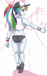 Size: 1387x2206 | Tagged: safe, artist:sumin6301, character:rainbow dash, my little pony:equestria girls, ass, butt, clothing, female, looking at you, looking back, looking back at you, ponytail, rainbutt dash, shoes, simple background, solo, sports bra, sports panties, underwear, white background