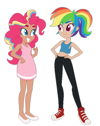 Size: 477x600 | Tagged: safe, artist:selenaede, artist:unicorngutz, base used, character:pinkie pie, character:rainbow dash, species:human, ship:pinkiedash, alternate hairstyle, armpits, belly button, clothing, converse, dress, female, flats, humanized, lesbian, midriff, pants, ponytail, shipping, shoes, simple background, sneakers, tank top, transparent background