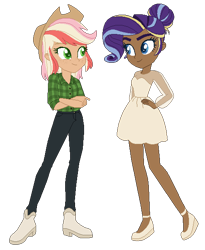 Size: 500x610 | Tagged: safe, artist:selenaede, artist:unicorngutz, base used, character:applejack, character:rarity, species:human, ship:rarijack, alternate hairstyle, applejack's hat, boots, chocolarity, clothing, cowboy hat, dark skin, dress, female, flannel, flats, freckles, hat, high heel boots, humanized, jeans, lesbian, pants, shipping, shoes, simple background, transparent background