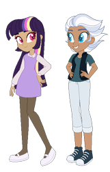 Size: 391x609 | Tagged: safe, artist:selenaede, artist:unicorngutz, base used, character:night glider, character:twilight sparkle, species:human, alternate hairstyle, clothing, converse, dress, female, flats, humanized, jeans, lesbian, nylon, pants, shipping, shirt, shoes, simple background, sneakers, socks, stockings, t-shirt, thigh highs, transparent background, twiglider, vest