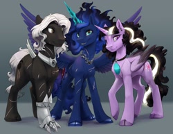 Size: 2310x1785 | Tagged: safe, artist:silfoe, character:princess luna, character:twilight sparkle, character:twilight sparkle (alicorn), oc, oc:scrivener blooms, species:alicorn, species:pony, fanfic:blooming moon chronicles/99 worlds saga, alternate design, author:blackroseraven, cloven hooves, commission, fanfic art, gauntlet, implied shipping, polyamory, scar