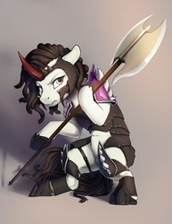 Size: 1785x2310 | Tagged: safe, artist:silfoe, oc, oc only, species:pony, species:unicorn, armor, axe, commission, crouching, curved horn, dreadlocks, horn, solo, weapon