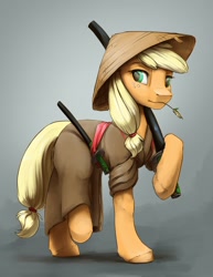 Size: 1785x2310 | Tagged: safe, artist:silfoe, character:applejack, species:earth pony, species:pony, clothing, commission, conical hat, female, hat, katana, mare, samurai applejack, solo, straw in mouth, sword, weapon