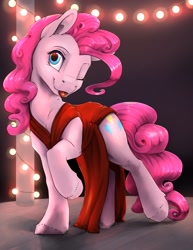 Size: 1785x2310 | Tagged: safe, artist:silfoe, character:pinkie pie, species:earth pony, species:pony, blep, clothing, commission, cute, diapinkes, dress, female, lights, mare, side slit, solo, tongue out, unshorn fetlocks