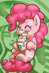 Size: 684x1000 | Tagged: safe, artist:atryl, character:pinkie pie, cute, diapinkes, ear fluff, eyes closed, hoof hold, hot chocolate, leg fluff, licking, licking lips, mug, signature, starbucks, tongue out