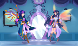 Size: 2364x1420 | Tagged: safe, artist:didj, artist:jonfawkes, character:twilight sparkle, species:human, alicorn humanization, clothing, collaboration, digital art, duality, elf ears, female, horned humanization, humanized, looking at each other, magic mirror, mirror, mirror portal, my little mages, self paradox, surprised, this will end well, twolight, unicorns as elves, winged humanization, wings
