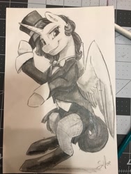 Size: 960x1280 | Tagged: safe, artist:silfoe, character:twilight sparkle, character:twilight sparkle (alicorn), species:alicorn, species:pony, alternate hairstyle, alternate universe, bow tie, clothing, commission, female, hat, monochrome, solo, top hat, traditional art, zatanna