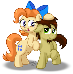 Size: 883x904 | Tagged: safe, artist:aleximusprime, oc, oc:ink jet, oc:twinkle toes, species:earth pony, species:pony, bow, buddies, couple, cute, duo, duo male and female, facial hair, friends, goatee, noogie, oc october, pair