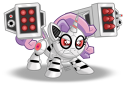 Size: 1079x741 | Tagged: safe, artist:aleximusprime, character:sweetie belle, species:pony, species:unicorn, sweetie bot, angry, artificial intelligence, colored sclera, cute, diasweetes, female, filly, frown, glare, glow, glowing eyes, gritted teeth, missile, missile launcher, oc october, red eyes, robot, robot pony, solo, this will end in explosions, weapon, weapons-grade cute