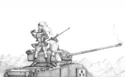 Size: 1600x987 | Tagged: safe, artist:baron engel, character:applejack, species:anthro, species:earth pony, species:pony, species:unguligrade anthro, anime, clothing, colored hooves, crossover, female, girls und panzer, grayscale, m4 sherman, monochrome, pencil drawing, saunders, sherman firefly, simple background, sketch, smiling, solo, tank (vehicle), traditional art, white background