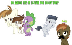 Size: 1204x750 | Tagged: safe, artist:cloudyglow, artist:lightningbolt, artist:sollace, artist:strachattack, edit, editor:undeadponysoldier, species:dragon, species:earth pony, species:pegasus, species:pony, bedroom eyes, caption, colt, facial hair, image macro, implied gay, male, moustache, simple background, stupid sexy button, stupid sexy featherweight, stupid sexy pipsqueak, stupid sexy spike, talking to viewer, text, white background