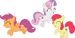 Size: 5878x3000 | Tagged: safe, artist:cloudyglow, artist:parclytaxel, edit, editor:slayerbvc, character:apple bloom, character:scootaloo, character:sweetie belle, species:earth pony, species:pegasus, species:pony, species:unicorn, episode:the break up break down, .ai available, accessory-less edit, cute, cutealoo, cutie mark, cutie mark crusaders, diasweetes, eyes closed, female, filly, missing accessory, open mouth, simple background, the cmc's cutie marks, transparent background, vector, vector edit
