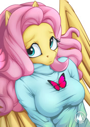 Size: 955x1351 | Tagged: safe, artist:mysticalpha, character:fluttershy, species:anthro, breasts, busty fluttershy, butterfly, clothing, cute, female, looking at you, shyabetes, simple background, solo, sweater, sweatershy, white background