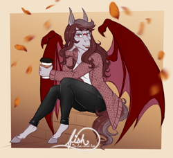 Size: 3299x3009 | Tagged: safe, artist:askbubblelee, oc, oc only, oc:scarlet quill, species:anthro, species:bat pony, species:unguligrade anthro, anthro oc, autumn, bat pony oc, clothing, coffee, coffee cup, commission, cup, fangs, glasses, leaf, leaves, pants, shirt, signature, sitting, slit eyes, smiling, solo, sweater
