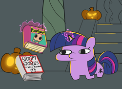 Size: 2855x2074 | Tagged: safe, artist:pabbley, character:twilight sparkle, character:twilight sparkle (unicorn), species:pony, species:unicorn, book, decoration, female, glowing horn, goosebumps, halloween, holiday, horn, i can't believe it's not jargon scott, jack-o-lantern, magic, mare, pumpkin, scary stories to tell in the dark, solo, spoopy, telekinesis, twiggie