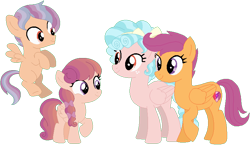 Size: 799x465 | Tagged: safe, artist:camomile, artist:selenaede, base used, character:cozy glow, character:scootaloo, oc, oc:bright eyes, oc:skyrocket, parent:cozy glow, parent:scootaloo, species:pegasus, species:pony, accessories, bow, colt, cozyloo, female, filly, flying, foal, freckles, lesbian, magical lesbian spawn, male, mare, offspring, older, older cozy glow, older scootaloo, parents:cozyloo, raised hoof, shipping, simple background, smiling, standing, transparent background, wings
