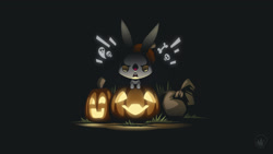 Size: 1920x1080 | Tagged: safe, artist:mysticalpha, character:angel bunny, species:rabbit, animal, halloween, holiday, it, looking at you, male, pennywise, pumpkin, solo