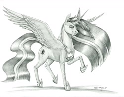 Size: 1400x1093 | Tagged: safe, artist:baron engel, character:twilight sparkle, character:twilight sparkle (alicorn), species:alicorn, species:pony, episode:the last problem, g4, my little pony: friendship is magic, crown, cutie mark, female, grayscale, jewelry, looking at you, mare, monochrome, pencil drawing, peytral, princess twilight 2.0, regalia, simple background, smiling, solo, traditional art, white background