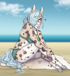 Size: 1623x1773 | Tagged: safe, artist:askbubblelee, oc, oc only, oc:opal ocean, species:anthro, species:unguligrade anthro, anthro oc, bikini, clothing, coat markings, hair over one eye, heart, pale belly, ponytail, selkie, sitting, smiling, solo, spots, swimsuit, thick, tongue out, wavy mane
