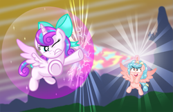 Size: 1111x719 | Tagged: safe, artist:aleximusprime, character:cozy glow, character:princess flurry heart, species:alicorn, species:pony, episode:the ending of the end, g4, my little pony: friendship is magic, alicornified, bow, bubble, bubble shield, canterlot, cozycorn, duel, epic, female, fight, filly, filly flurry heart, flurry heart's story, force field, headcanon, laser beams, maniacal laugh, older, older flurry heart, one eye open, race swap, squishy cheeks