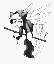 Size: 3297x3868 | Tagged: safe, artist:pabbley, character:rainbow dash, species:pegasus, species:pony, female, grim reaper, lidded eyes, looking at you, mare, monochrome, neo noir, partial color, scythe, simple background, solo, spread wings, tongue out, white background, wings