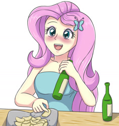 Size: 1711x1810 | Tagged: safe, artist:sumin6301, character:fluttershy, my little pony:equestria girls, alcohol, beer, blushing, chips, drunk, drunkershy, eating, female, food, potato chips, solo