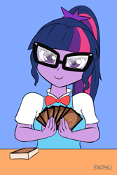 Size: 667x1000 | Tagged: safe, artist:empyu, character:twilight sparkle, character:twilight sparkle (scitwi), species:eqg human, species:human, my little pony:equestria girls, 45 minute art challenge, card, card game, deck of cards, female, glasses, looking at you, magic the gathering, solo