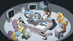 Size: 1192x670 | Tagged: safe, artist:mysticalpha, oc, oc:cloud zapper, species:earth pony, species:pegasus, species:pony, species:unicorn, bed, doctor, female, hospital bed, male, mare, nurse, nurse outfit, operation, stallion