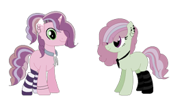 Size: 809x477 | Tagged: safe, artist:chaoscy, artist:selenaede, base used, oc, oc:alkali feldspar, oc:rutile, parent:cheerilee, parent:marble pie, parent:sugar belle, parents:marbelle, parents:sugarlee, species:earth pony, species:pony, species:unicorn, icey-verse, blank flank, bracelet, brother and sister, clothing, female, half-siblings, jewelry, magical lesbian spawn, male, mare, markings, multicolored hair, necktie, offspring, siblings, simple background, socks, stallion, striped socks, transparent background, wristband