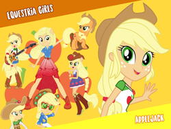 Size: 1440x1080 | Tagged: safe, artist:cloudyglow, artist:fureox, artist:ilaria122, artist:sigmastarlight, artist:sugar-loop, artist:whalepornoz, character:applejack, species:earth pony, species:pony, eqg summertime shorts, equestria girls:equestria girls, equestria girls:forgotten friendship, equestria girls:sunset's backstage pass, g4, my little pony: equestria girls, my little pony:equestria girls, spoiler:eqg series (season 2), apple, applejack's hat, bass guitar, boots, clothing, cowboy hat, cute, cutie mark, denim skirt, dress, female, food, freckles, geode of super strength, guitar, hat, honesty, jackabetes, looking at you, magical geodes, mare, miniskirt, musical instrument, open mouth, ponied up, shoes, skirt, stetson, super ponied up, vector, wallpaper