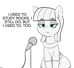 Size: 1500x1376 | Tagged: safe, artist:pabbley, edit, character:maud pie, species:earth pony, species:pony, deadpan, dialogue, female, joke, mare, maud the comedian, microphone, mitch hedberg, monochrome, neo noir, partial color, solo, stand-up comedy, text