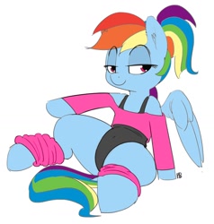 Size: 1280x1346 | Tagged: safe, artist:pabbley, edit, character:rainbow dash, species:pegasus, species:pony, alternate hairstyle, bedroom eyes, belly button, clothing, color edit, colored, cute, dashabetes, female, leg warmers, leotard, mare, ponytail, shoulderless, simple background, sitting, solo, white background