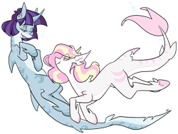 Size: 1207x907 | Tagged: safe, artist:egophiliac, oc, oc only, oc:killi thaum, oc:rainy skies, species:pony, colored hooves, duo, female, mare, merpony, mother and daughter, original species, shark, shark pony, simple background, transparent background