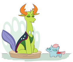 Size: 4258x3588 | Tagged: safe, artist:pabbley, character:ocellus, character:thorax, species:changeling, species:reformed changeling, duo, eyes closed, i can't believe it's not jargon scott, parody, sitting, smol, squatpony, tol, twiggie