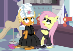 Size: 1000x700 | Tagged: safe, artist:dm29, character:fluttershy, character:smolder, species:dragon, species:pegasus, species:pony, episode:fake it 'til you make it, blushing, clothing, commission, dialogue, dragoness, dress, duo, fashion, fashion style, female, fluttergoth, headdress, mare, patreon, sewing machine, toy