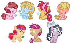 Size: 625x391 | Tagged: safe, artist:selenaede, artist:xxmidnightmuffinxx, base used, oc, oc:bubble blast, oc:charity cupcake, oc:frostbite, oc:fruit fly, oc:jazz apple, oc:lightning shimmer, oc:nugget, parent:apple bloom, parent:applejack, parent:big macintosh, parent:donut joe, parent:featherweight, parent:fluttershy, parent:pinkie pie, parent:scootaloo, parent:tender taps, parent:trouble shoes, parents:fluttermac, parents:pinkiejoe, parents:scootaweight, parents:tenderbloom, parents:troublejack, species:pony, babies, big bow, bow, eyes closed, hair bow, hair covering face, happy, hooves out, next generation, offspring, open mouth, parents:tiarumble, sitting, smiling, standing