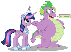 Size: 5283x3892 | Tagged: safe, artist:aleximusprime, edit, character:spike, character:twilight sparkle, character:twilight sparkle (alicorn), species:alicorn, species:dragon, species:pony, adult, adult spike, big crown thingy, boomer, boop, chubby, chubby spike, duo, duo male and female, element of magic, fat, fat spike, flurry heart's story, jewelry, looking at each other, noseboop, ok boomer, older, older spike, plump, regalia, teasing, teen spiked, winged spike
