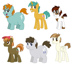 Size: 7213x6358 | Tagged: safe, artist:aleximusprime, character:button mash, character:featherweight, character:pipsqueak, character:snails, character:snips, character:truffle shuffle, species:earth pony, species:pegasus, species:pony, species:unicorn, adult, chubby, clothing, facial hair, fat, goatee, grown ups, hat, male, older, show accurate, slim, stallion, tall, teenager, thin