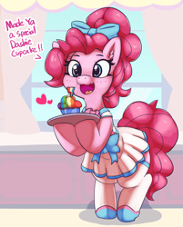 Size: 3510x4368 | Tagged: safe, artist:pabbley, character:pinkie pie, species:earth pony, species:pony, fanfic:cupcakes, apron, bipedal, bow, clothing, cupcake, cute, diapinkes, dress, ear fluff, female, food, grimcute, hair bow, happy, it's a trap, pleated skirt, rainbow cupcake, run away, shoes, skirt, smiling, solo, standing, stockings, thigh highs, this will end in death, this will end in tears, this will end in tears and/or death, tray, zettai ryouiki