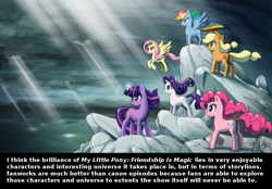 Size: 1000x696 | Tagged: safe, artist:johnjoseco, character:applejack, character:fluttershy, character:pinkie pie, character:rainbow dash, character:rarity, character:twilight sparkle, discussion, mane six, meta, pose as a team 'cause shit just got real, text