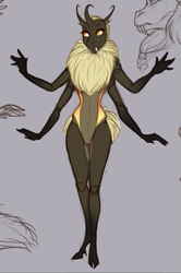 Size: 529x796 | Tagged: safe, artist:askbubblelee, oc, oc only, species:anthro, species:changeling, species:unguligrade anthro, anthro oc, changeling oc, fangs, female, multiple limbs, simple background, sketch, solo, yellow changeling