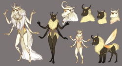 Size: 4920x2671 | Tagged: safe, artist:askbubblelee, oc, oc only, species:anthro, species:changeling, species:unguligrade anthro, anthro oc, braid, braided beard, braided ponytail, braided tail, changeling oc, changeling queen, changeling queen oc, curved horn, fangs, female, horn, long hair, long mane, multiple limbs, simple background, sketch, solo, yellow changeling