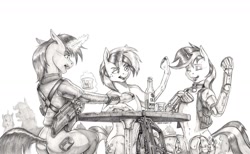 Size: 1600x986 | Tagged: safe, artist:baron engel, oc, oc:blackjack, oc:cinnamon cider, oc:littlepip, species:pony, species:unicorn, fallout equestria, fallout equestria: project horizons, amputee, augmented, bar, biohacking, bottle, butt, clothing, collar, colored hooves, cyber legs, cyborg, eyes closed, fanfic, fanfic art, female, glowing horn, grayscale, gun, handgun, hooves, horn, levitation, little macintosh, magic, mare, monochrome, pencil drawing, pipbuck, plot, prosthetic leg, prosthetic limb, prosthetics, revolver, simple background, sitting, table, telekinesis, traditional art, vault suit, weapon, white background