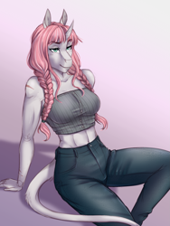 Size: 1789x2376 | Tagged: safe, artist:askbubblelee, oc, oc only, oc:rosie quartz, species:anthro, species:pony, species:unguligrade anthro, species:unicorn, abs, anthro oc, athletic, belly button, biceps, braid, curved horn, digital art, eyelashes, female, fit, hair braid, hair braiding, horn, leonine tail, long hair, long mane, mare, midriff, muscles, muscular female, scar, sitting, smiling, smug, solo, toned, toned female, tube top