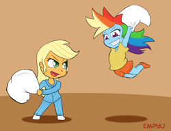Size: 1000x767 | Tagged: safe, artist:empyu, character:applejack, character:rainbow dash, my little pony:equestria girls, 45 minute art challenge, chibi, clothing, duo, female, open mouth, pajamas, pants, pillow, pillow fight, shorts